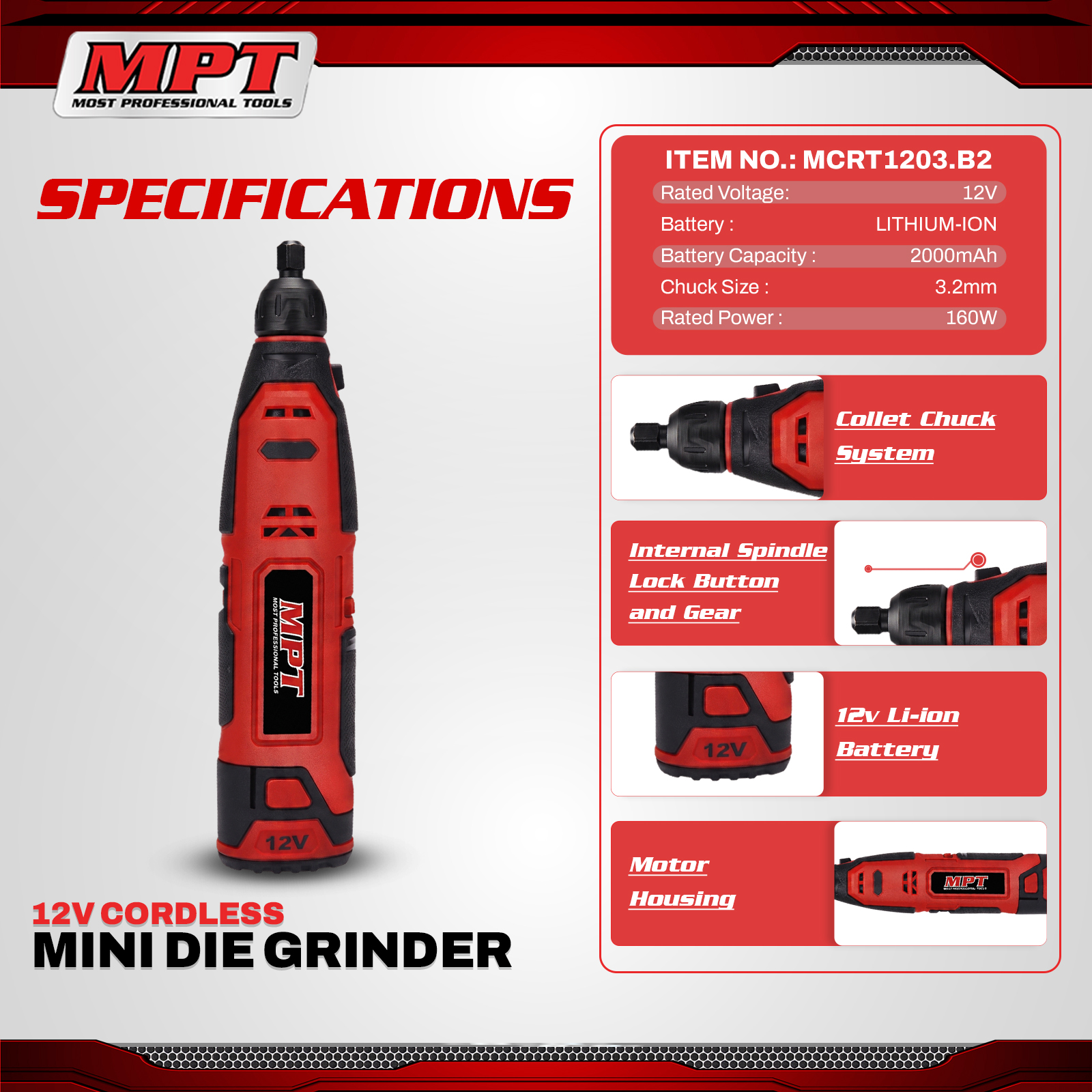 MPT MCRT1203.B2 12V Cordless Mini Die Grinder - Image 2