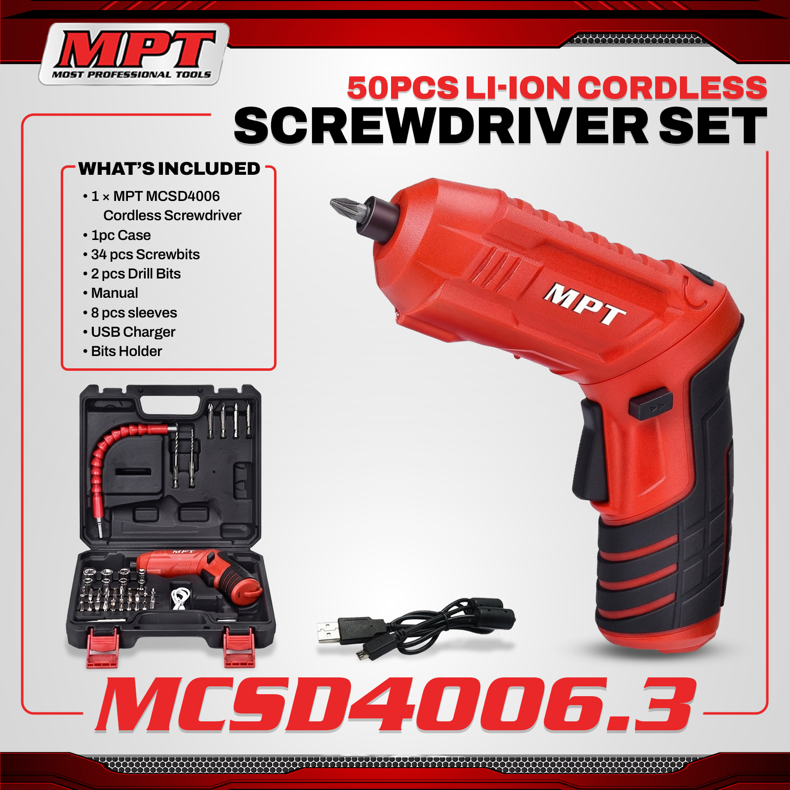 MPT MCSD4006.3 4V Li-Ion Cordless Screwdriver Set – 50PCS