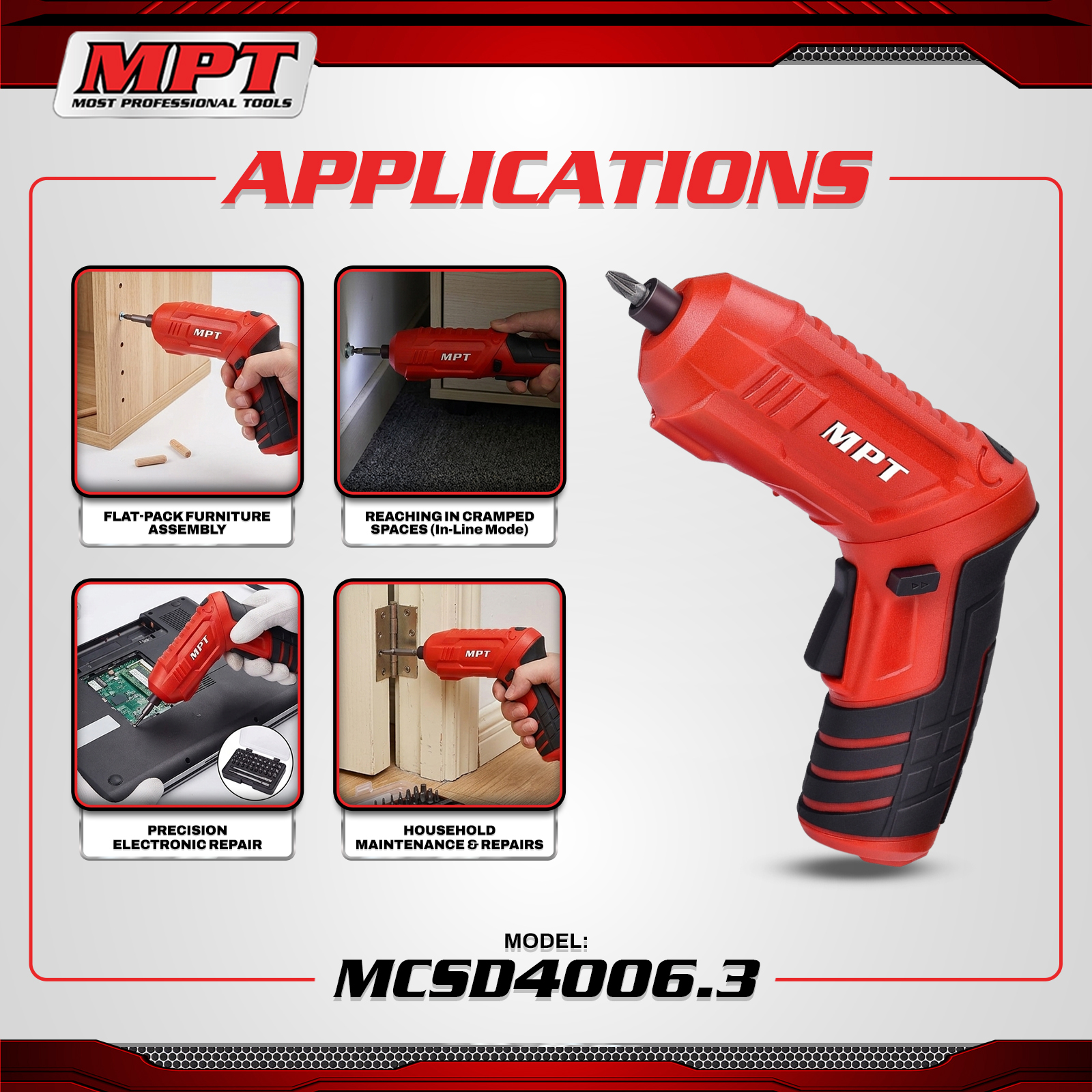 MPT MCSD4006.3 4V Li-Ion Cordless Screwdriver Set – 50PCS - Image 4