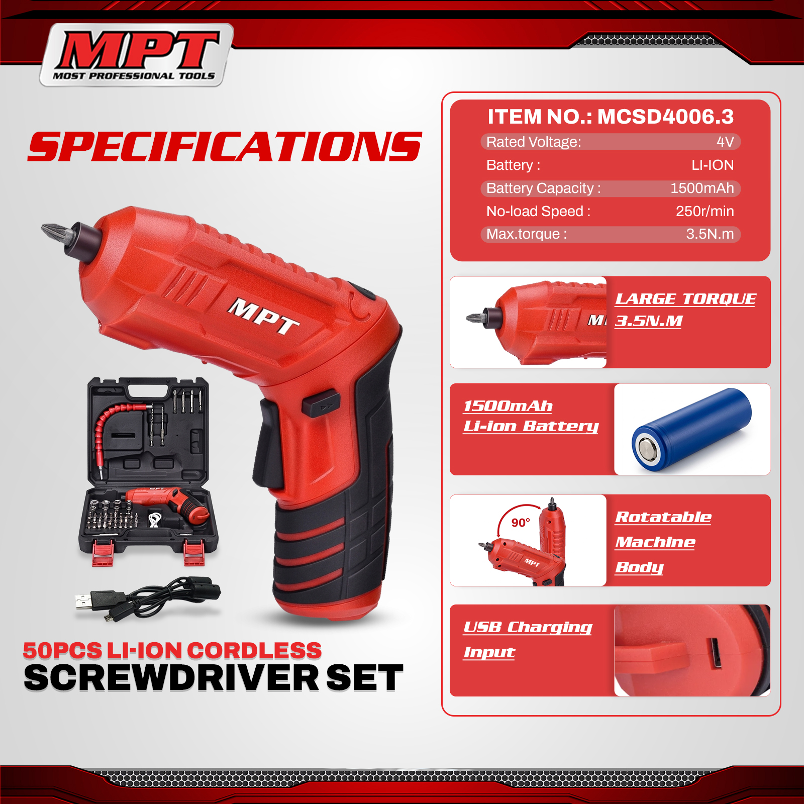 MPT MCSD4006.3 4V Li-Ion Cordless Screwdriver Set – 50PCS - Image 2