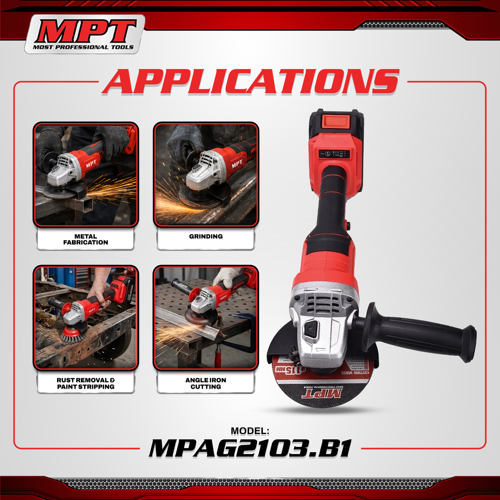MPT MPAG2103.B1 Brushless Li-Ion Cordless Angle Grinder - Image 4