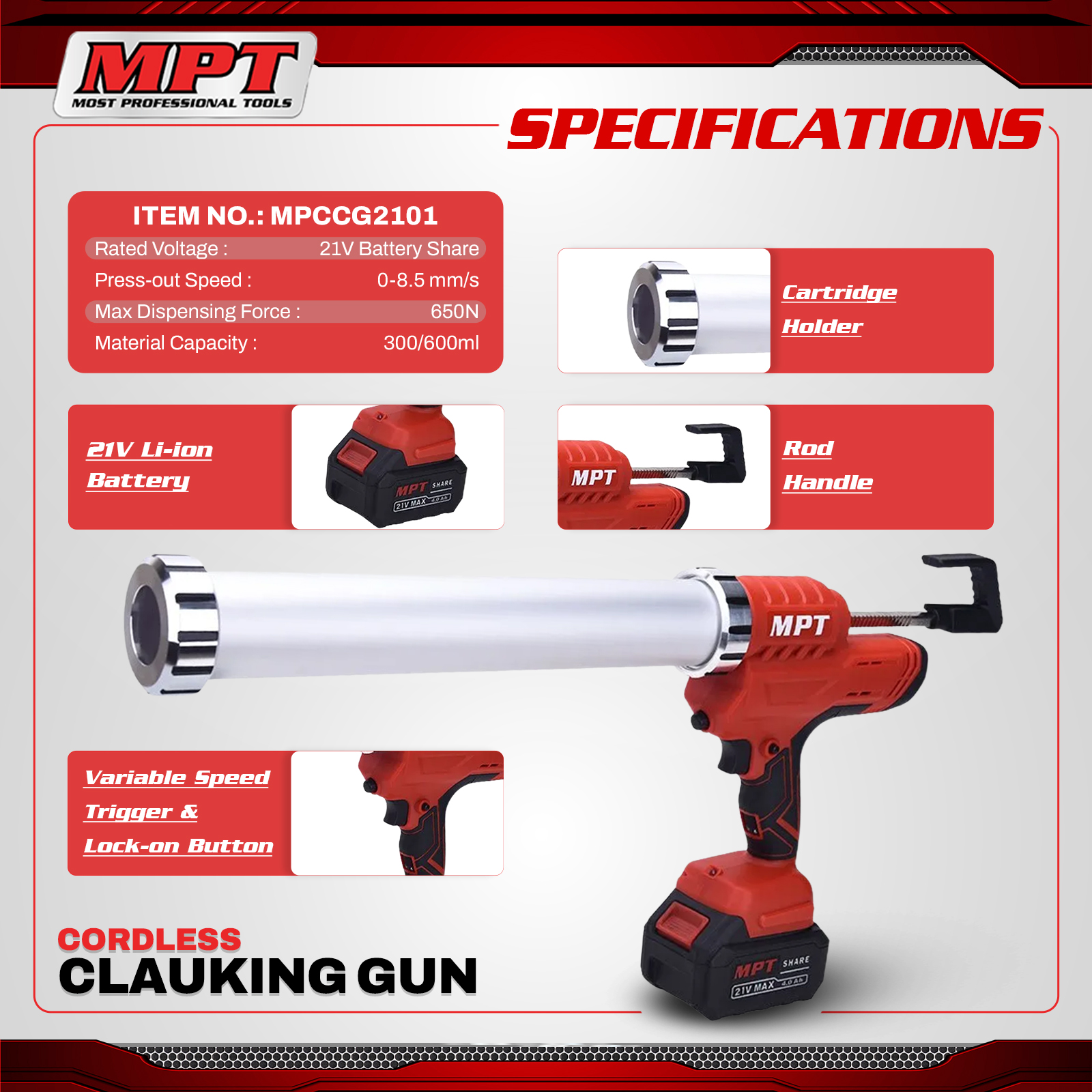 MPT MPCCG2101 21V Cordless Caulking Gun - Image 2